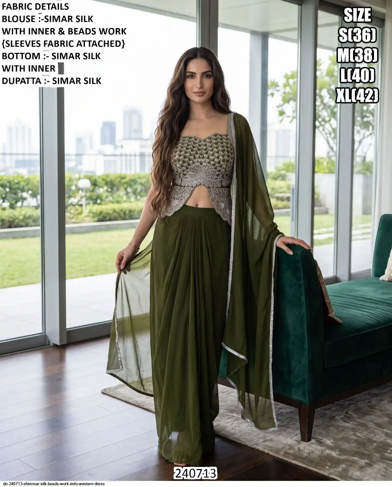 DN 240713 SHIMMAR SILK BEADS WORK INDO WESTERN DRESS C