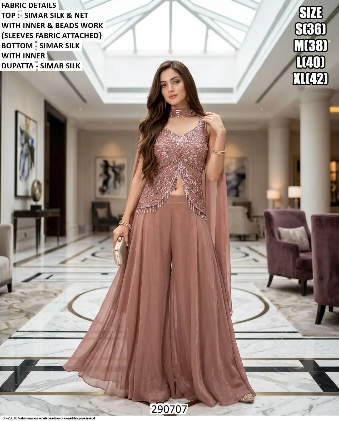 DN 290707 SHIMMAR SILK NET BEADS WORK WEDDING WEAR SUIT A