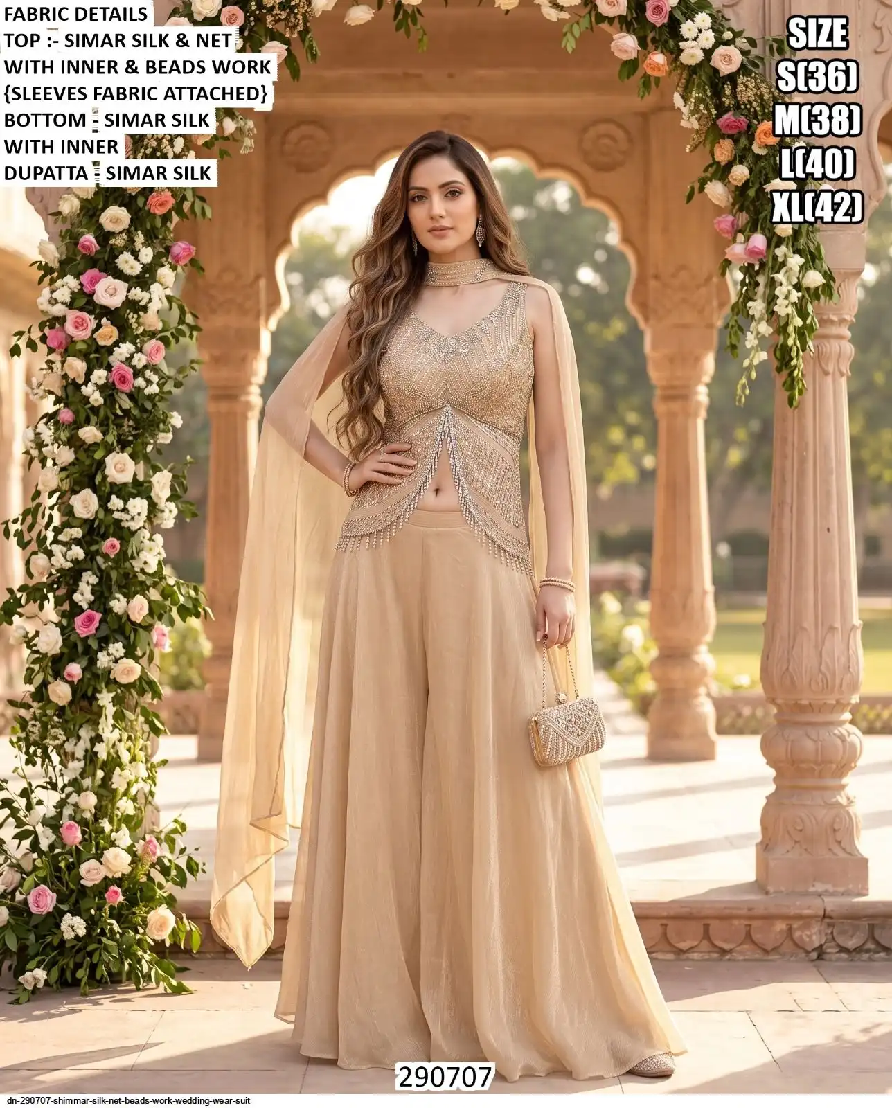 DN 290707 SHIMMAR SILK NET BEADS WORK WEDDING WEAR SUIT B