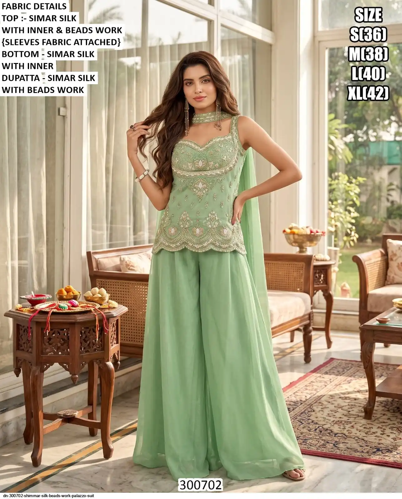 DN 300702 SHIMMAR SILK BEADS WORK PALAZZO SUIT A