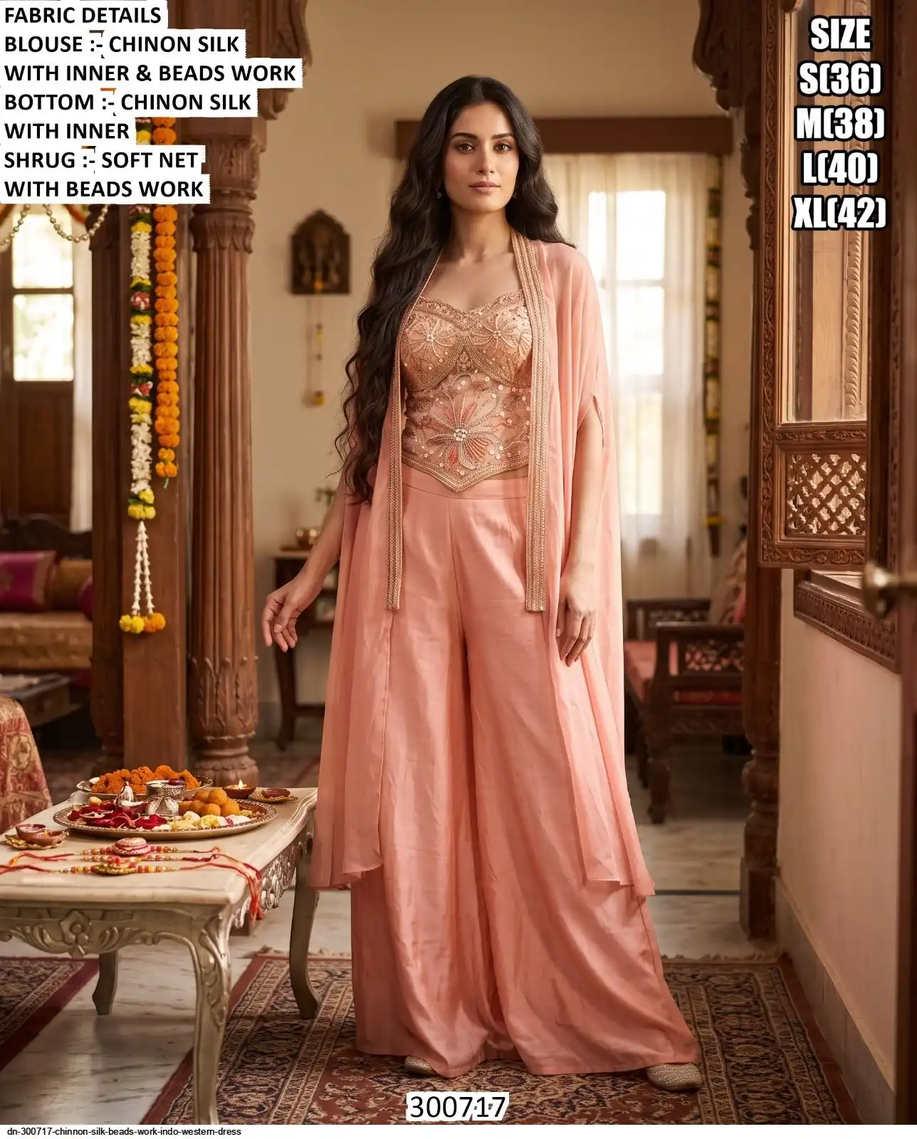 DN 300717 CHINNON SILK BEADS WORK INDO WESTERN DRESS B