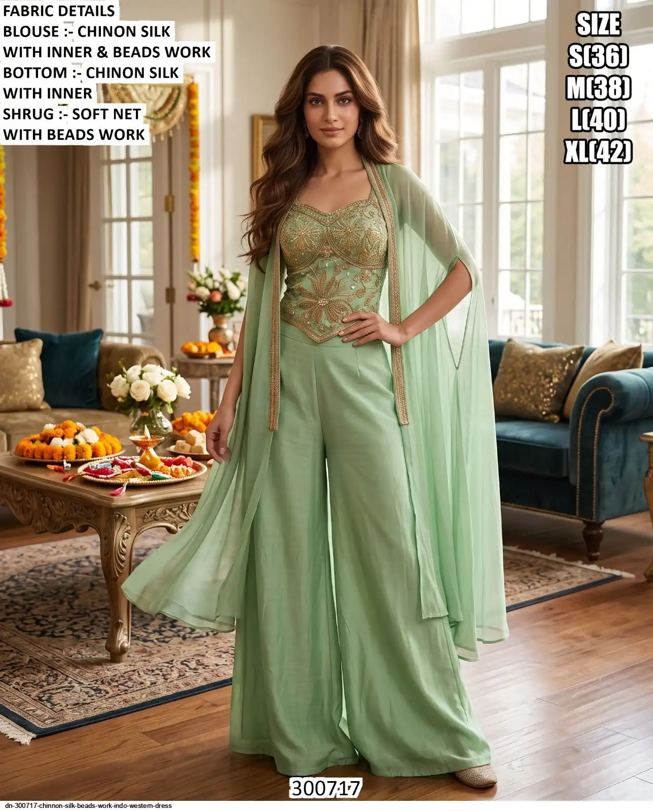 DN 300717 CHINNON SILK BEADS WORK INDO WESTERN DRESS A
