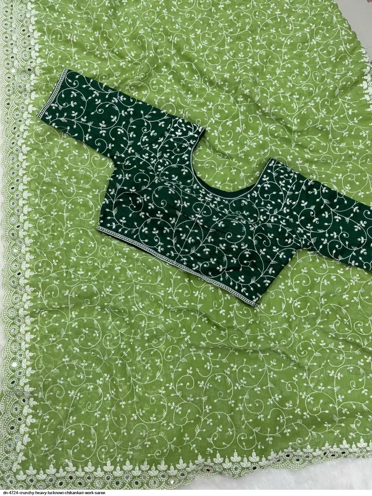 DN 4724 CRUNCHY HEAVY LUCKNOWI CHIKANKARI WORK SAREE B