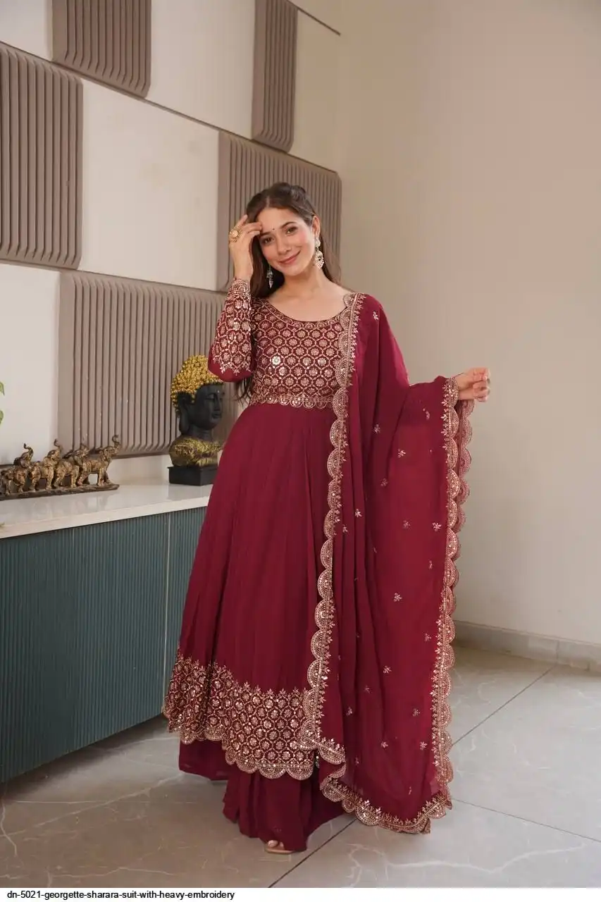DN 5021 GEORGETTE SHARARA SUIT WITH HEAVY EMBROIDERY A