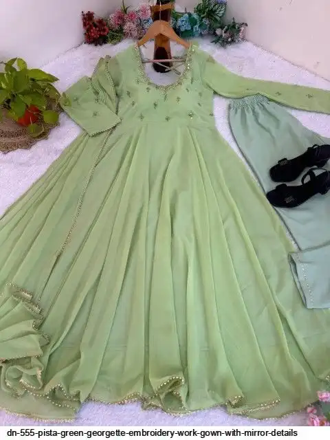 DN-555 Pista Green Georgette Embroidery Work Gown with Mirror Details