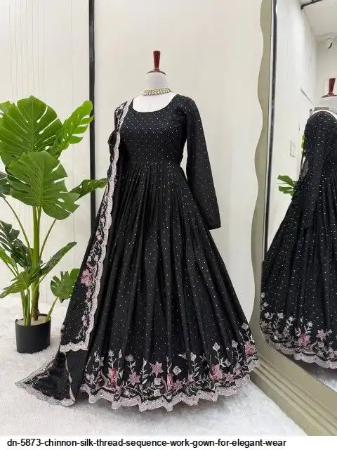 DN 5873 CHINNON SILK THREAD SEQUENCE WORK GOWN FOR ELEGANT WEAR A