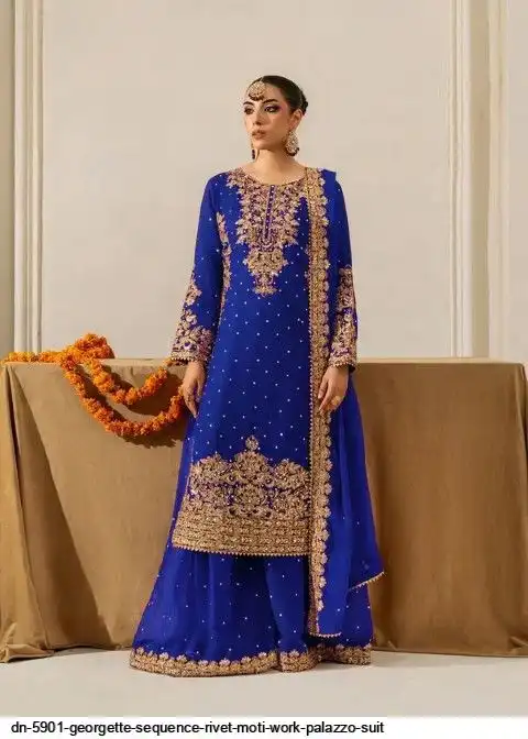 DN 5901 GEORGETTE SEQUENCE RIVET MOTI WORK PALAZZO SUIT H