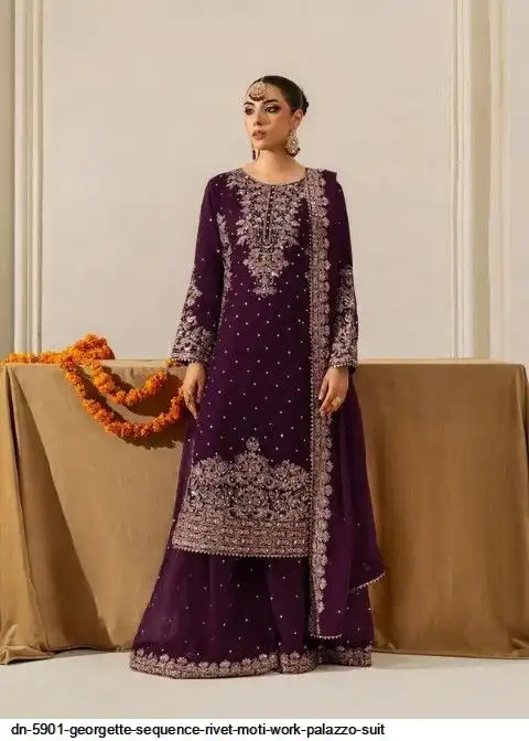DN 5901 GEORGETTE SEQUENCE RIVET MOTI WORK PALAZZO SUIT F