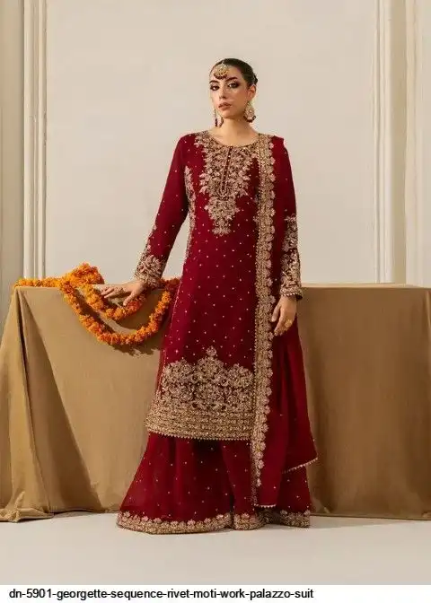 DN 5901 GEORGETTE SEQUENCE RIVET MOTI WORK PALAZZO SUIT C