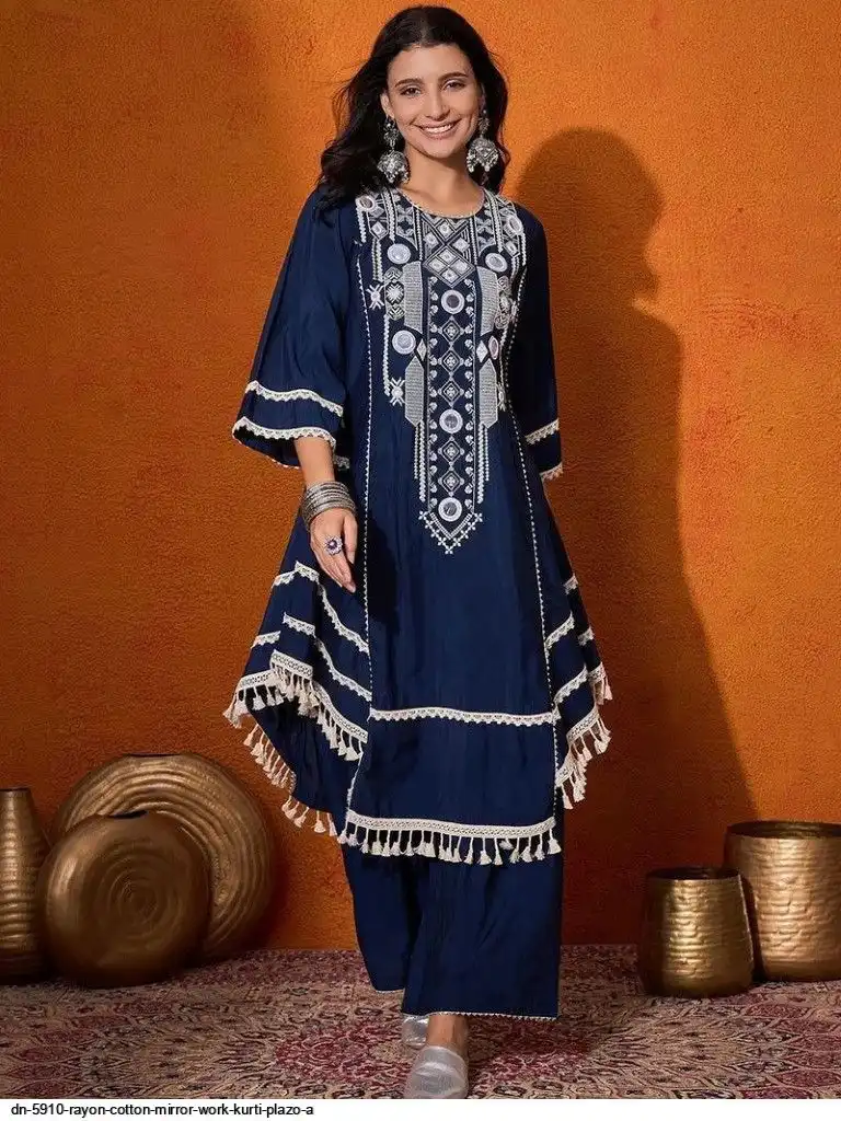 DN 5910 RAYON COTTON MIRROR WORK KURTI PLAZO A