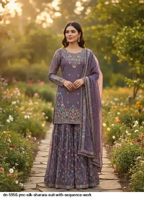 DN 5956 JMC SILK SHARARA SUIT WITH SEQUENCE WORK B