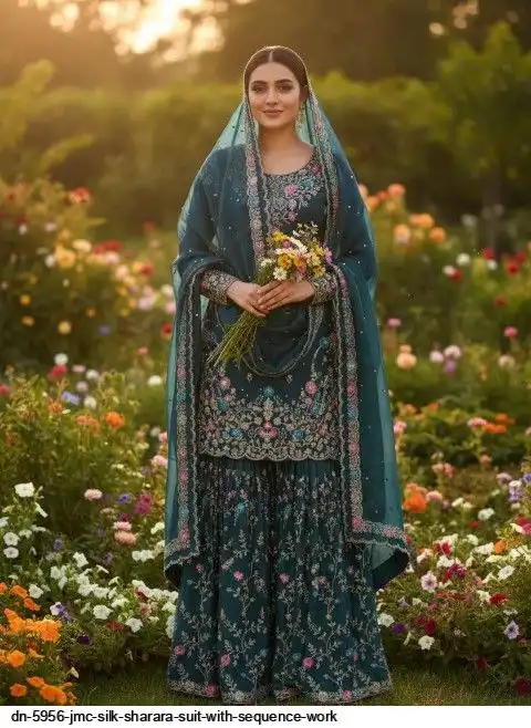 DN 5956 JMC SILK SHARARA SUIT WITH SEQUENCE WORK D