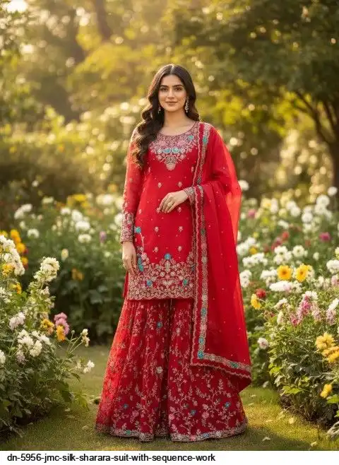 DN 5956 JMC SILK SHARARA SUIT WITH SEQUENCE WORK F