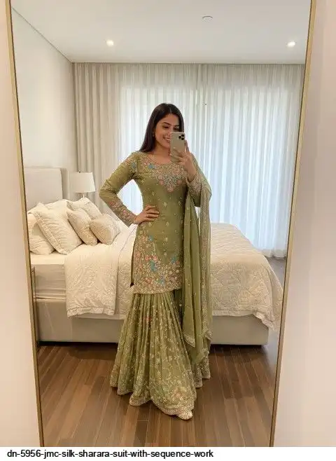 DN 5956 JMC SILK SHARARA SUIT WITH SEQUENCE WORK A
