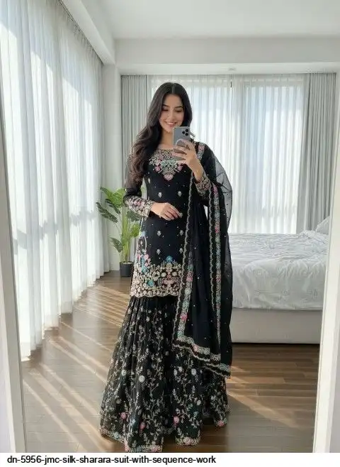 DN 5956 JMC SILK SHARARA SUIT WITH SEQUENCE WORK C