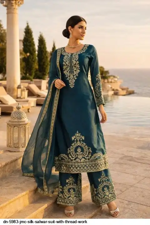 silk churidar dress Teal Embroidered Crepe Silk Straight Suit