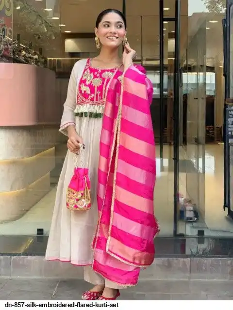 DN 857 SILK EMBROIDERED FLARED KURTI SET A
