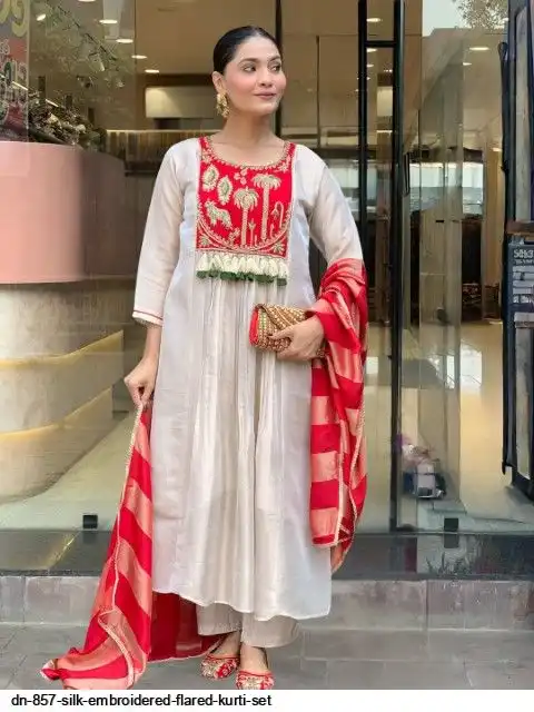 DN 857 SILK EMBROIDERED FLARED KURTI SET B