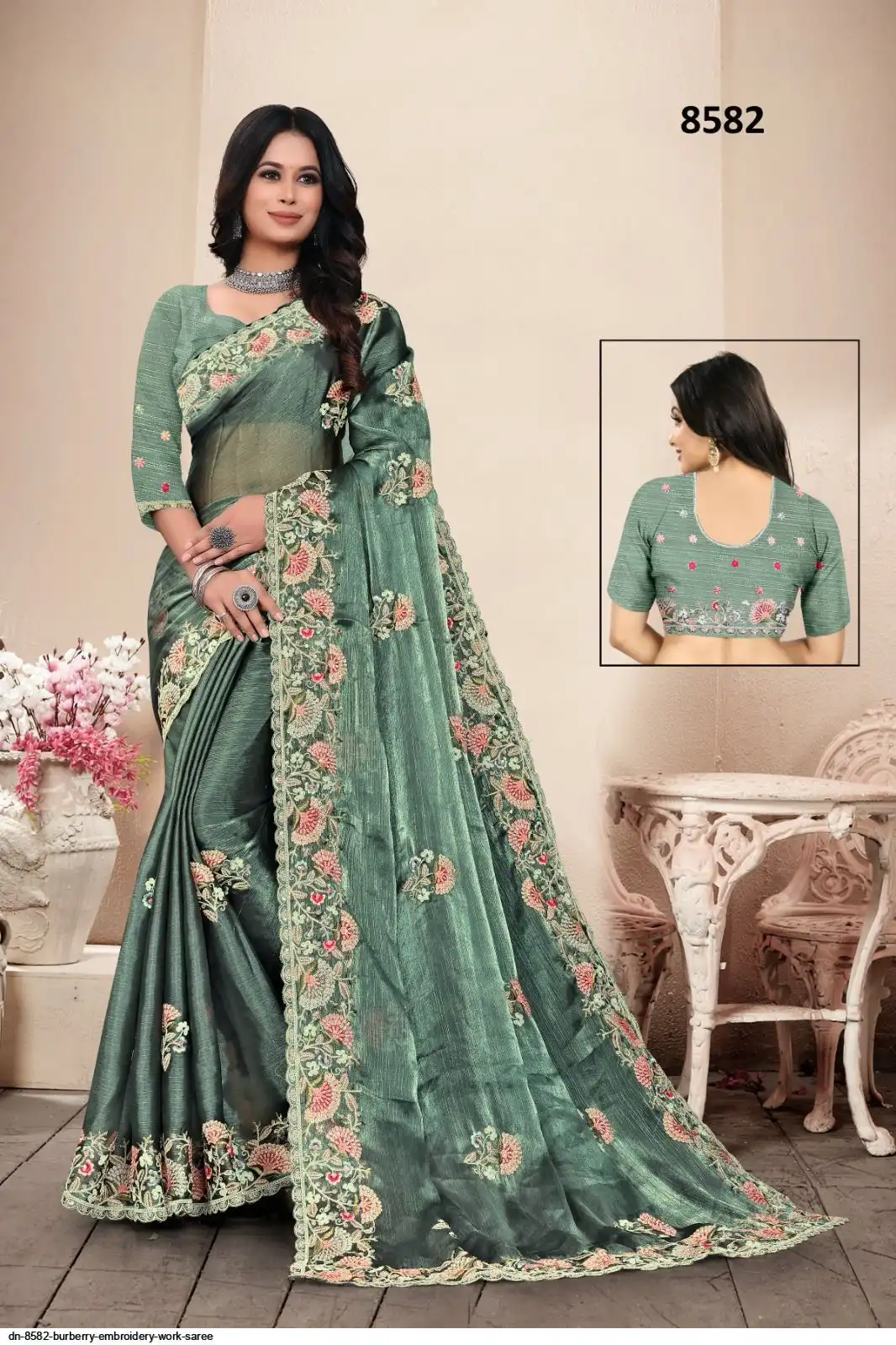 DN 8582 BURBERRY EMBROIDERY WORK SAREE