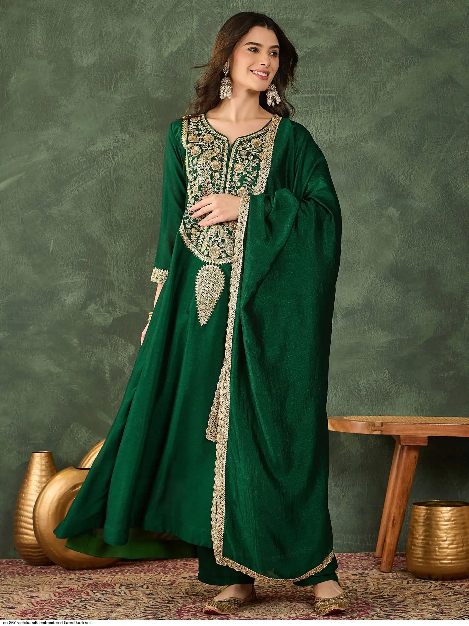 DN 867 VICHITRA SILK EMBROIDERED FLARED KURTI SET A