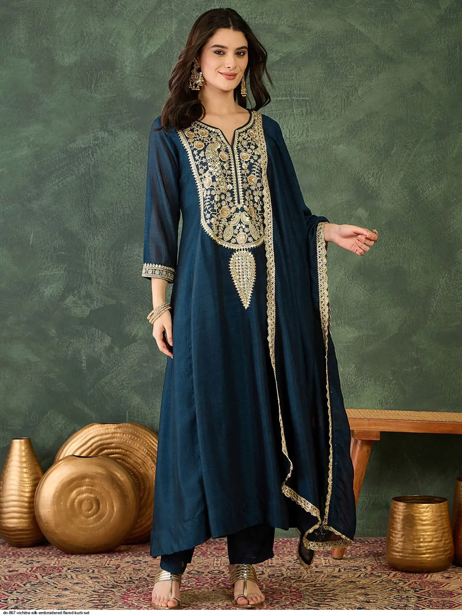 DN 867 VICHITRA SILK EMBROIDERED FLARED KURTI SET B