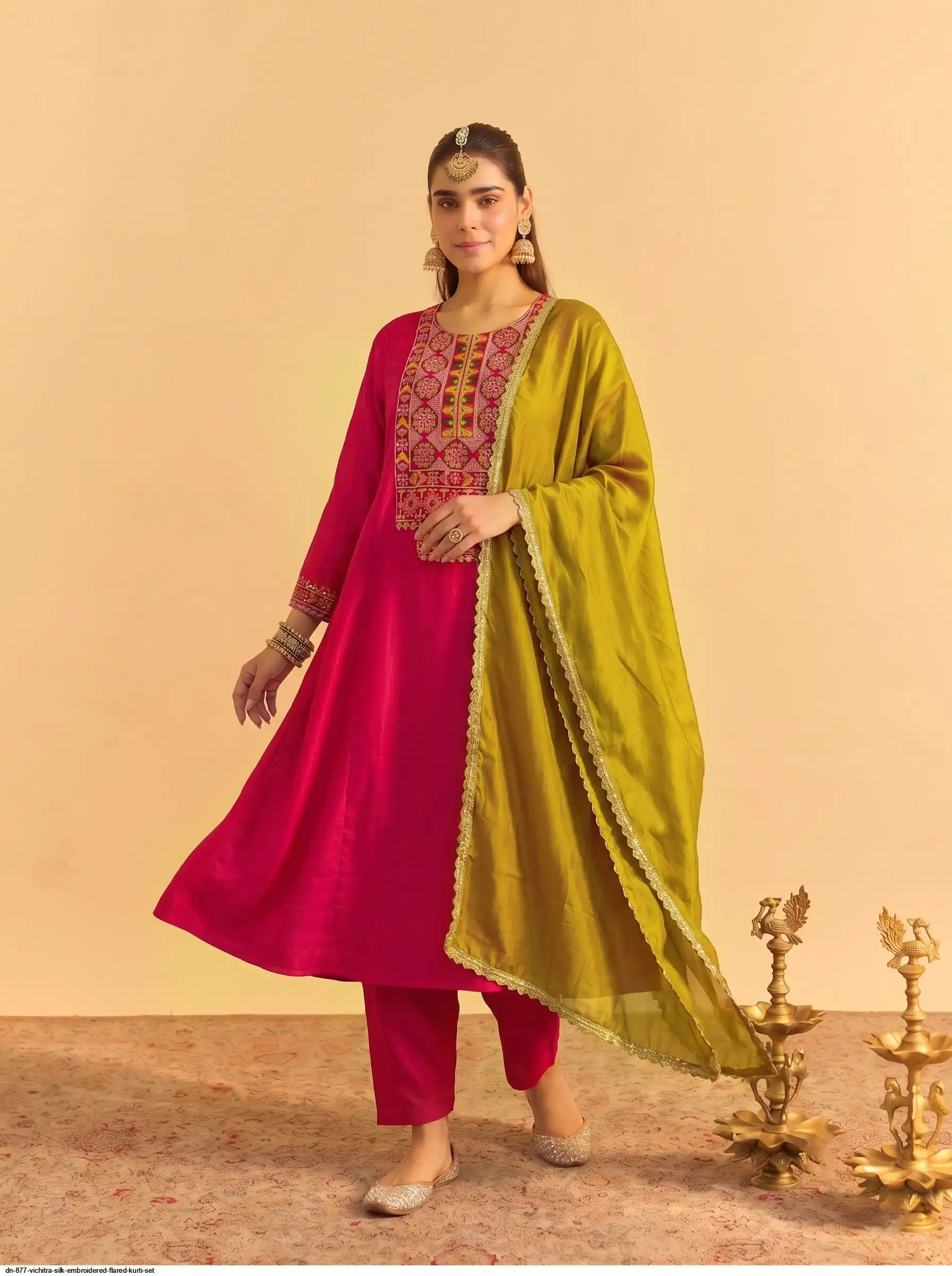 DN 877 VICHITRA SILK EMBROIDERED FLARED KURTI SET A