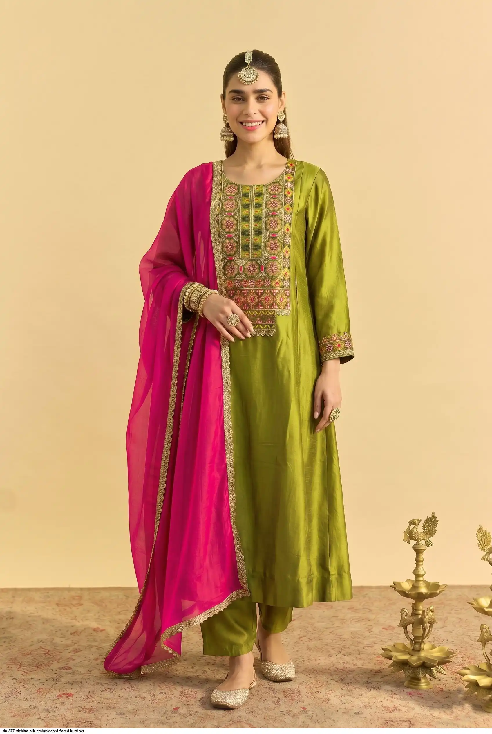 DN 877 VICHITRA SILK EMBROIDERED FLARED KURTI SET B