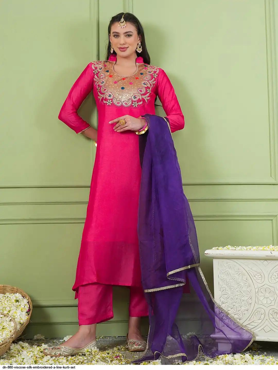 DN 880 VISCOSE SILK EMBROIDERED A LINE KURTI SET A