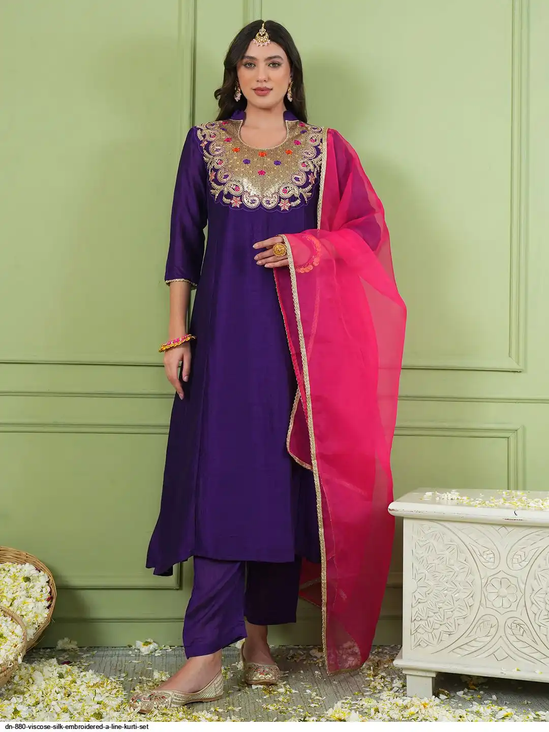 DN 880 VISCOSE SILK EMBROIDERED A LINE KURTI SET B