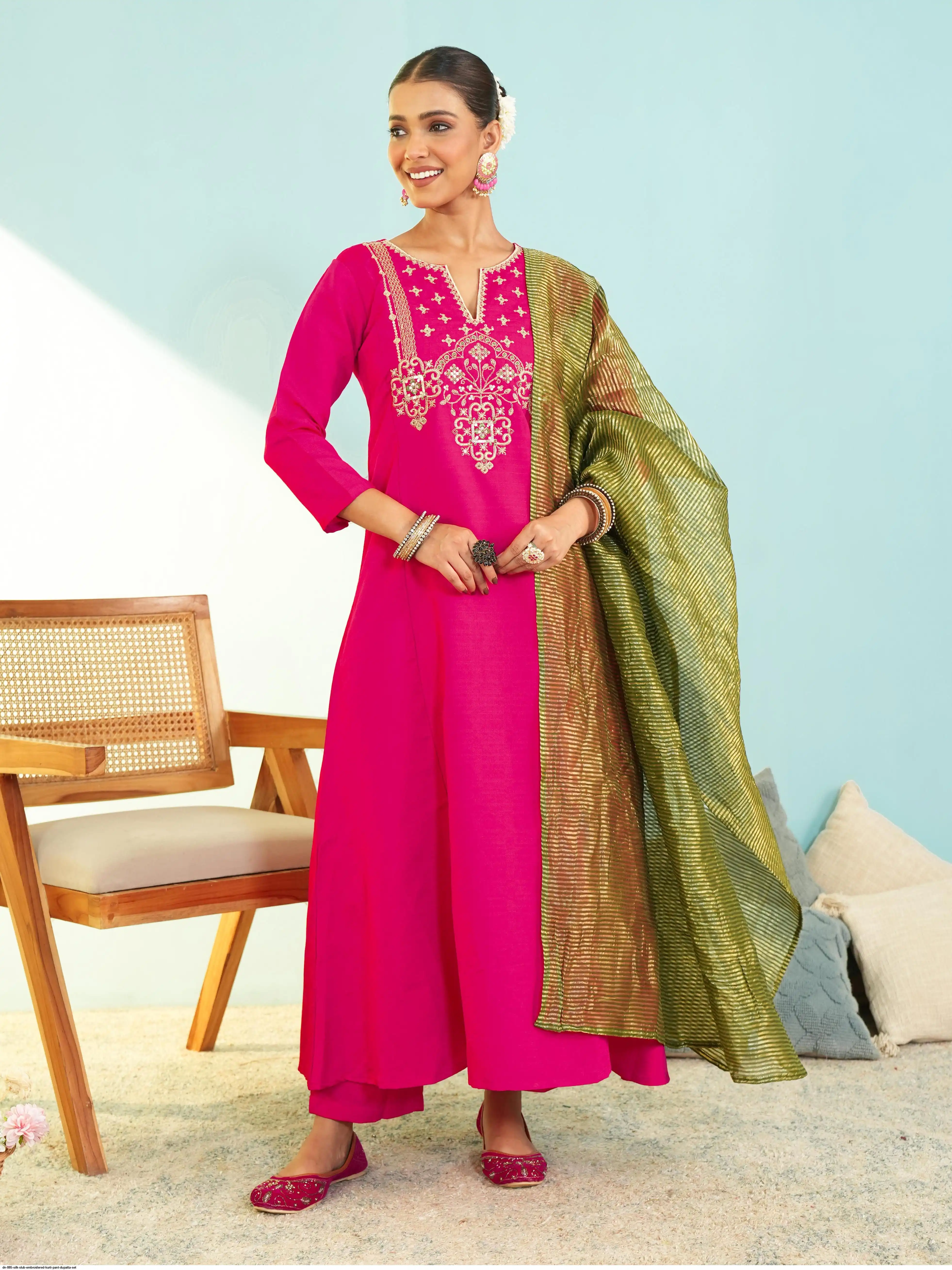 DN 885 SILK SLUB EMBROIDERED KURTI PANT DUPATTA SET B
