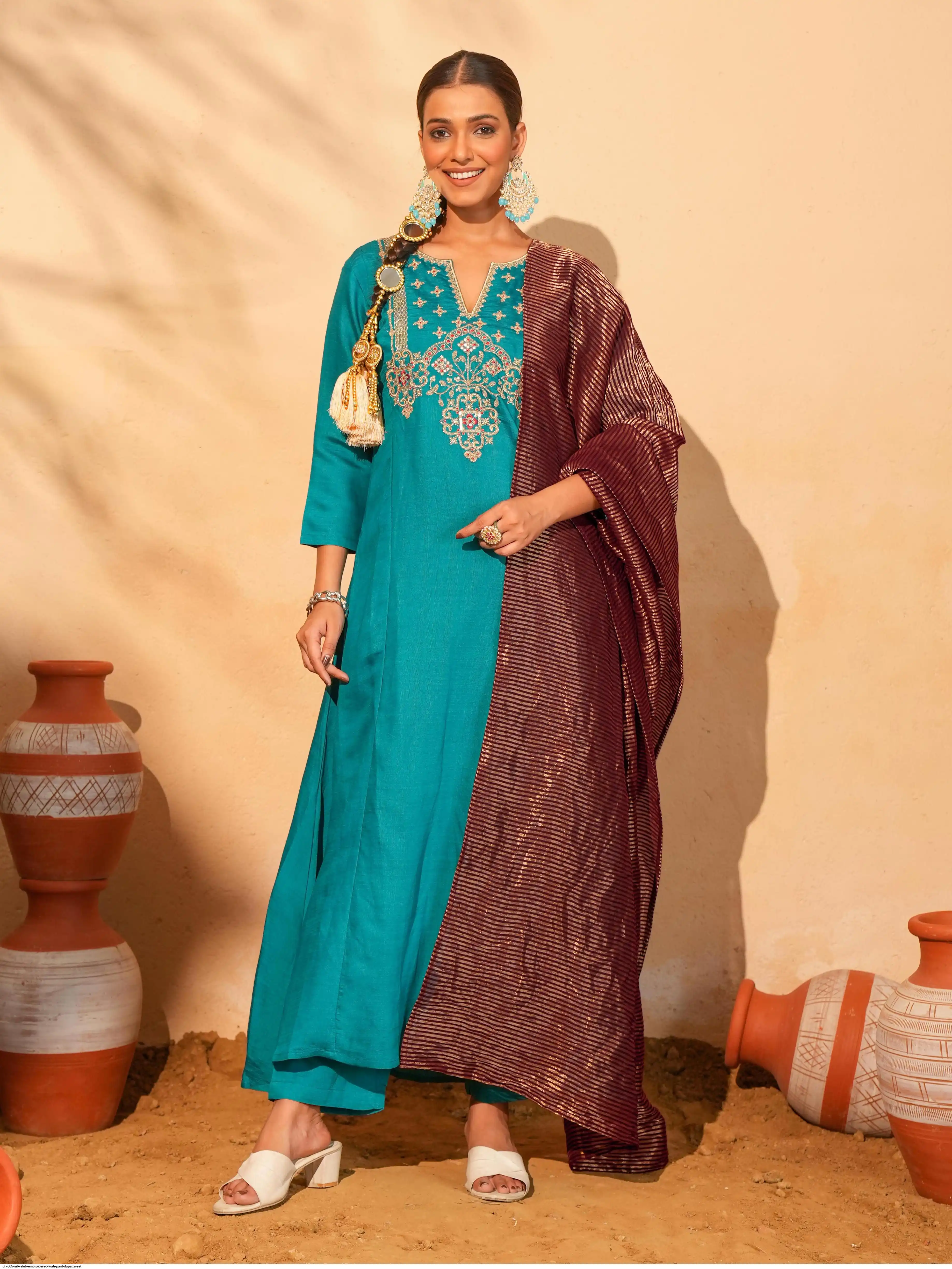 DN 885 SILK SLUB EMBROIDERED KURTI PANT DUPATTA SET A