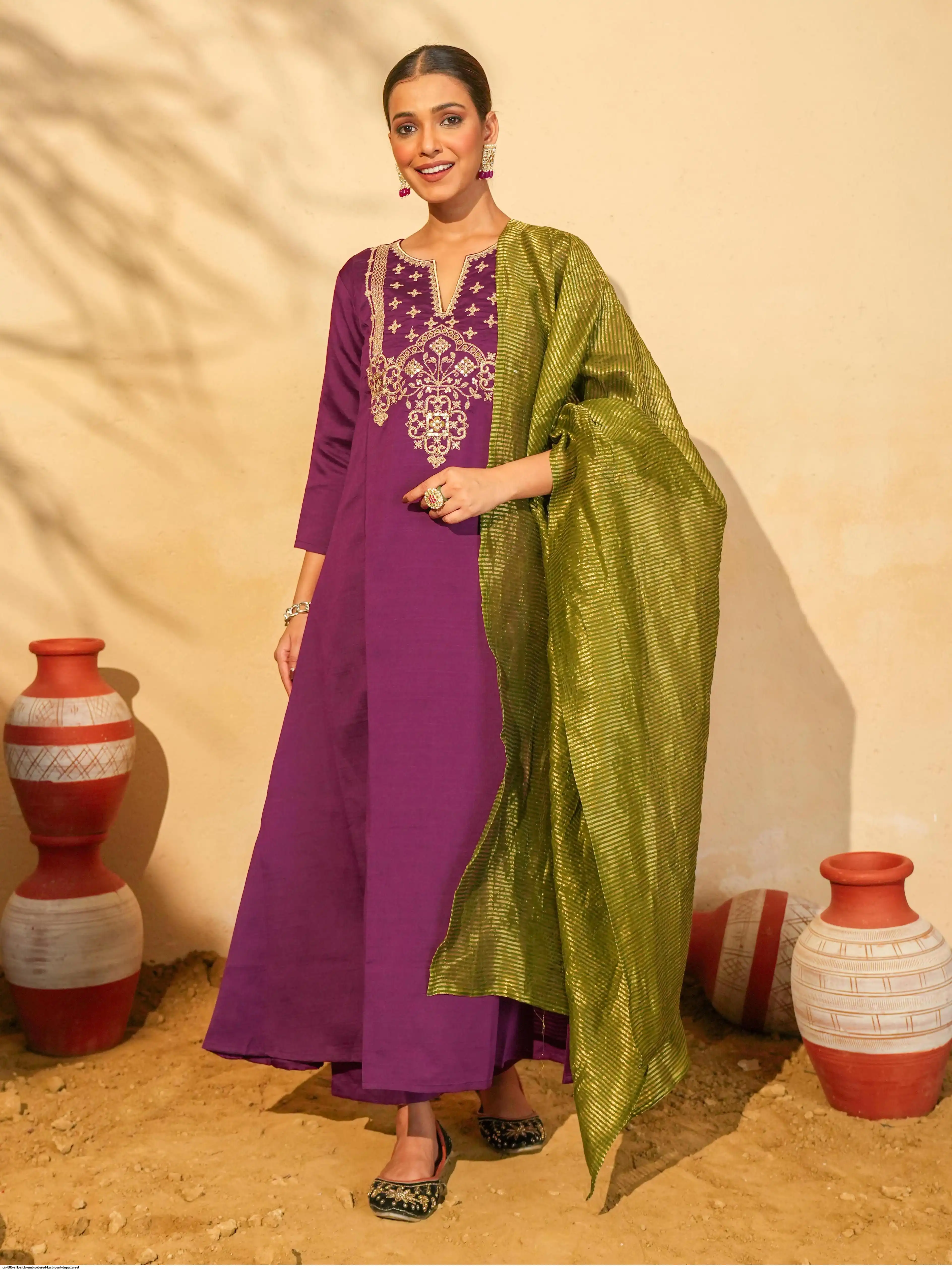 DN 885 SILK SLUB EMBROIDERED KURTI PANT DUPATTA SET C