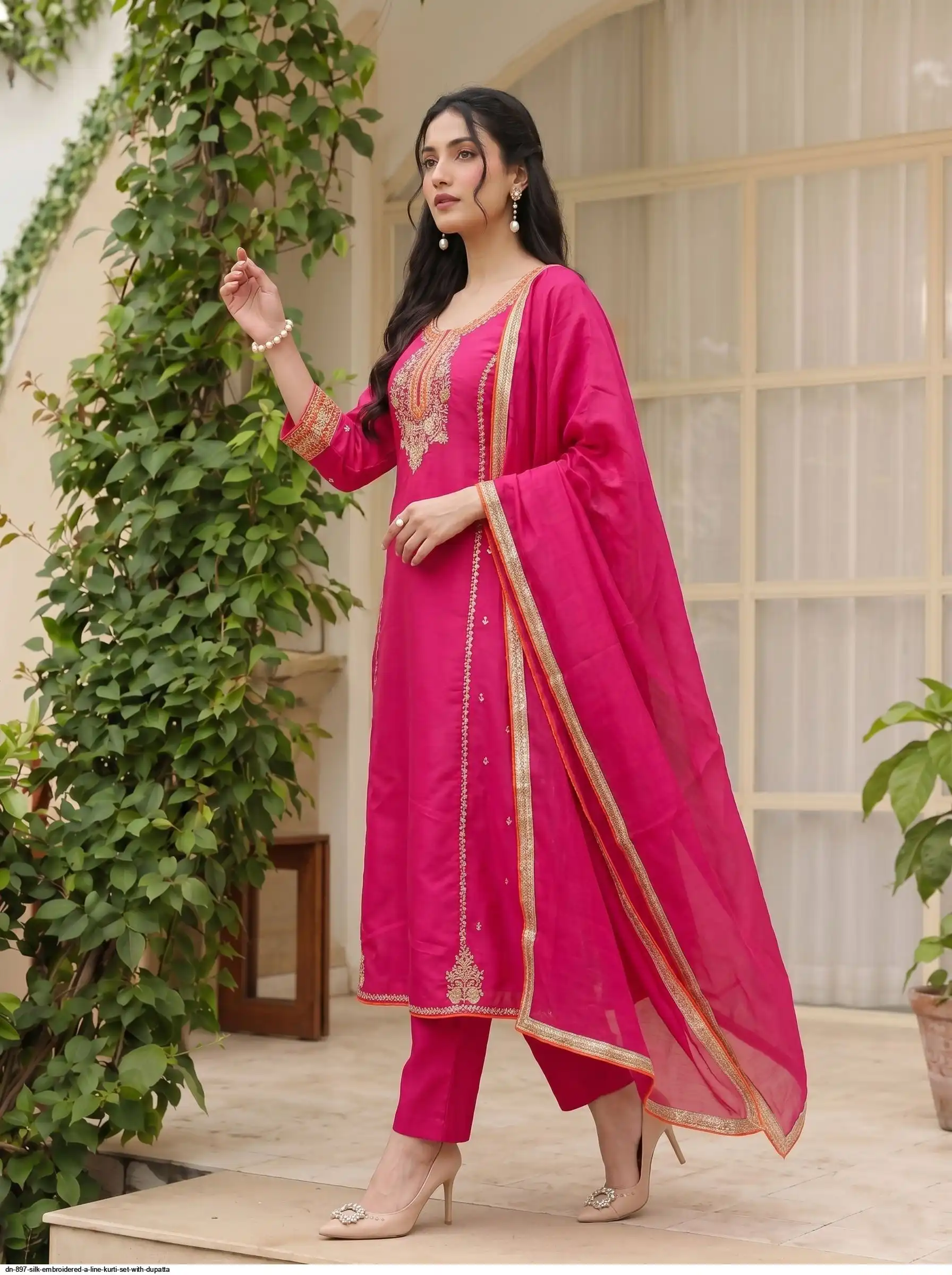 DN 897 SILK EMBROIDERED A LINE KURTI SET WITH DUPATTA A