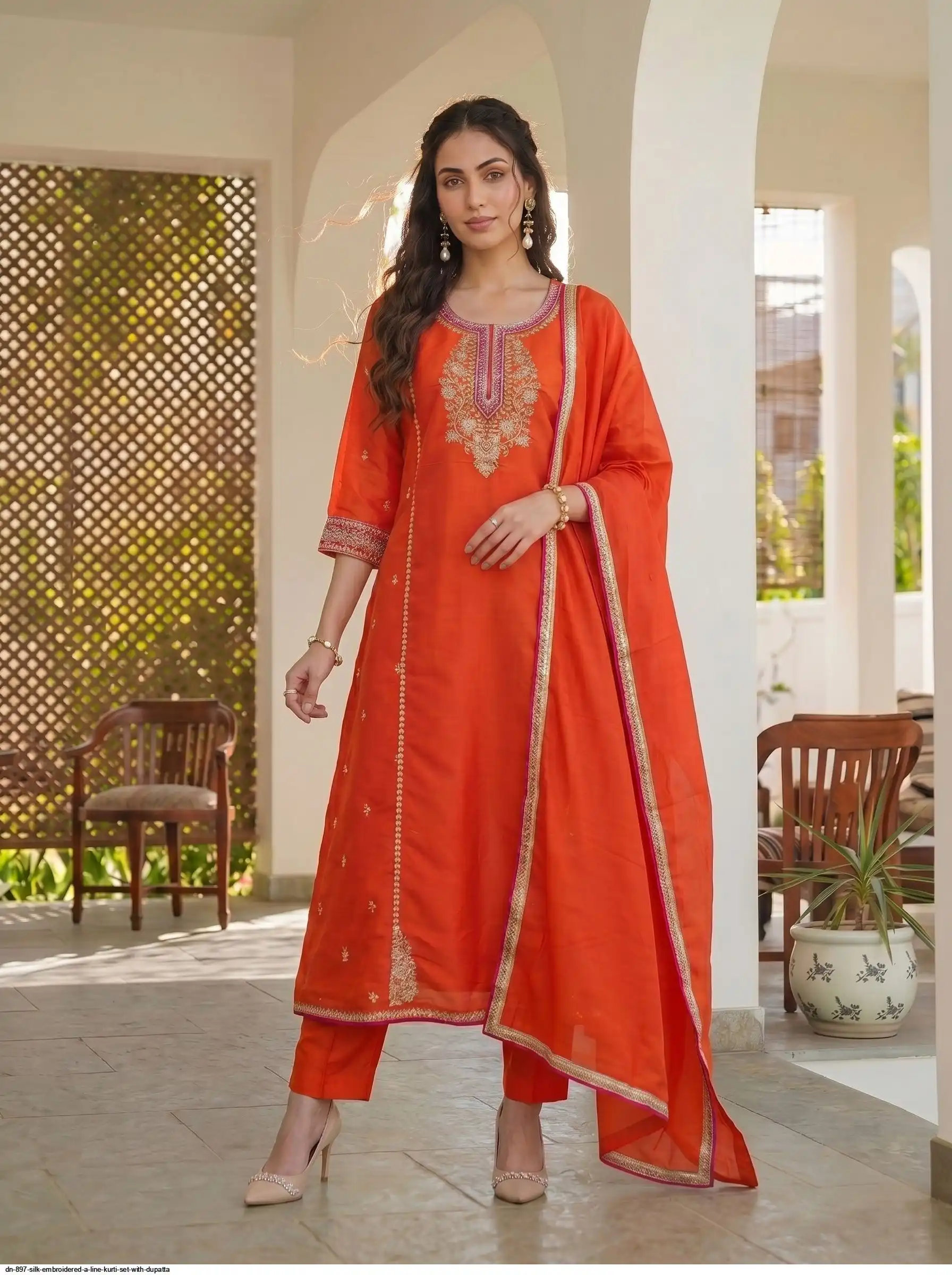 DN 897 SILK EMBROIDERED A LINE KURTI SET WITH DUPATTA B