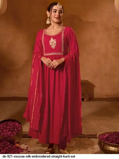 DN 921 VISCOSE SILK EMBROIDERED STRAIGHT KURTI SET A