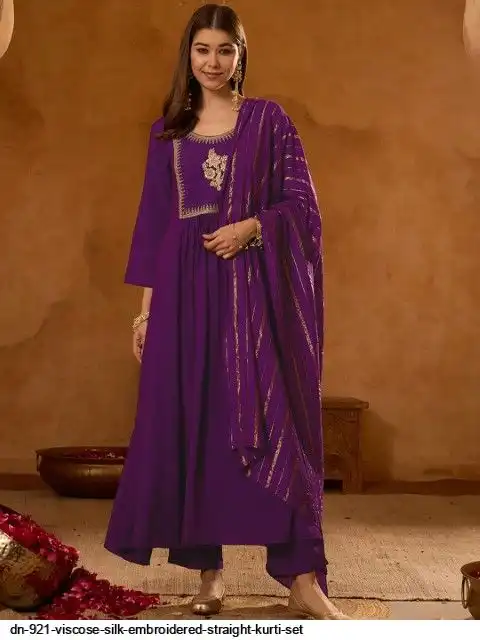 DN 921 VISCOSE SILK EMBROIDERED STRAIGHT KURTI SET B
