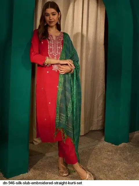 DN 946 SILK SLUB EMBROIDERED STRAIGHT KURTI SET A