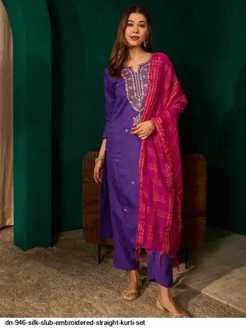 DN 946 SILK SLUB EMBROIDERED STRAIGHT KURTI SET C