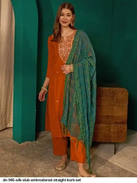 DN 946 SILK SLUB EMBROIDERED STRAIGHT KURTI SET B