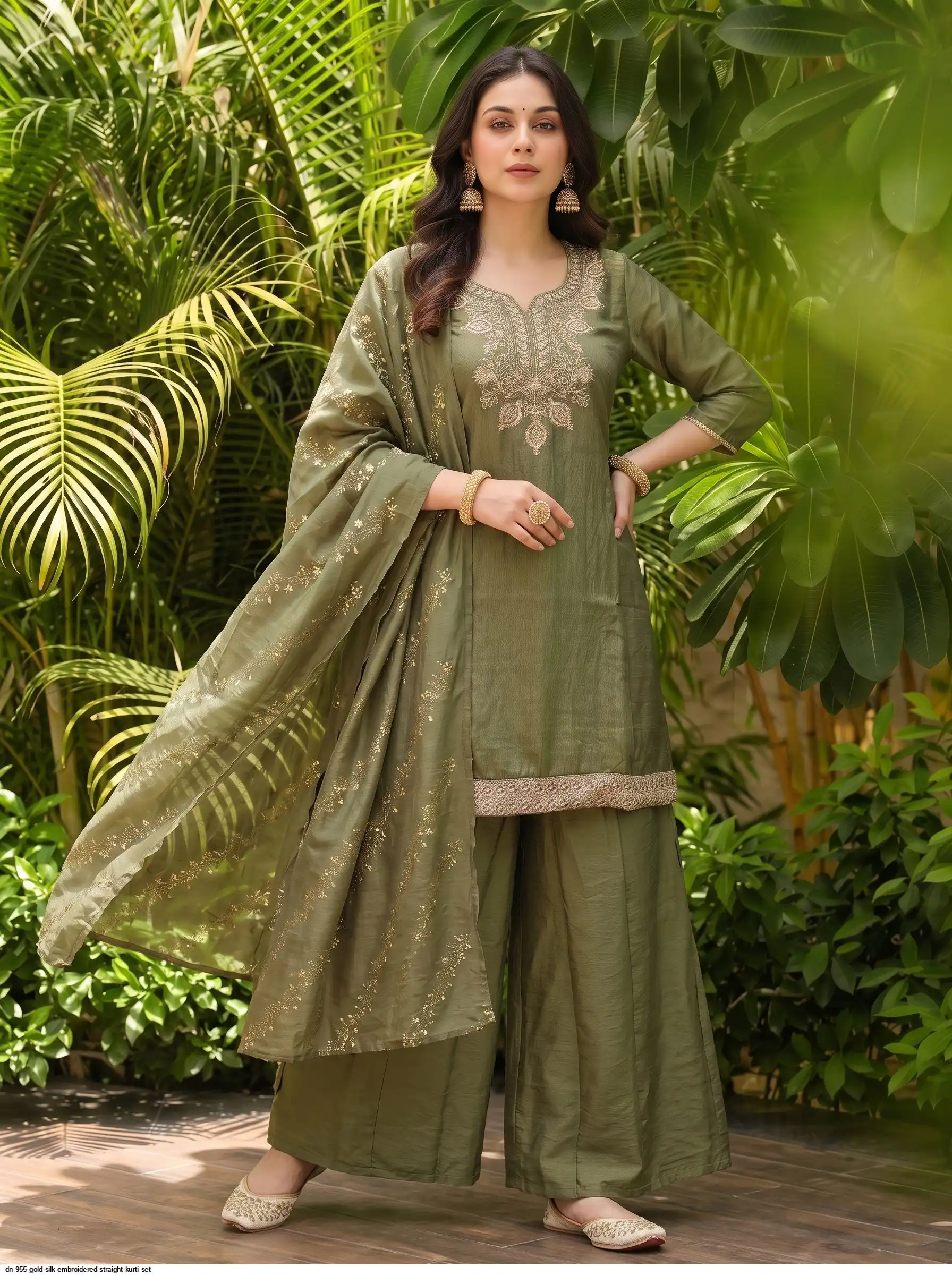 DN 955 GOLD SILK EMBROIDERED STRAIGHT KURTI SET A