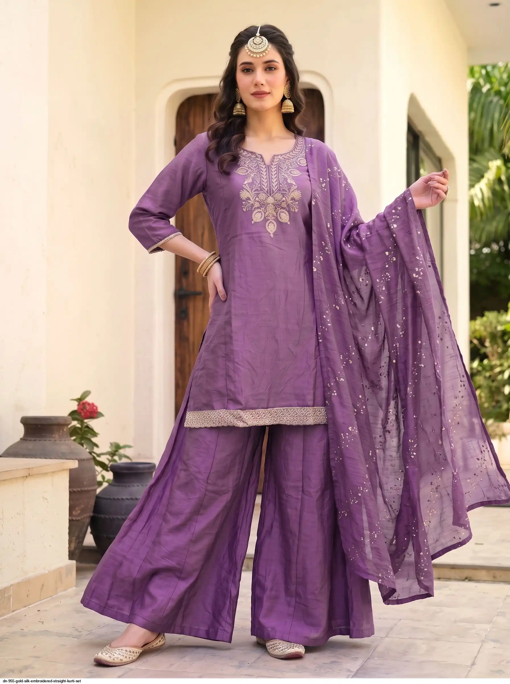 DN 955 GOLD SILK EMBROIDERED STRAIGHT KURTI SET B