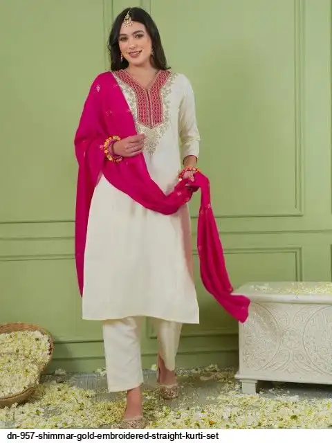 DN 957 SHIMMAR GOLD EMBROIDERED STRAIGHT KURTI SET A