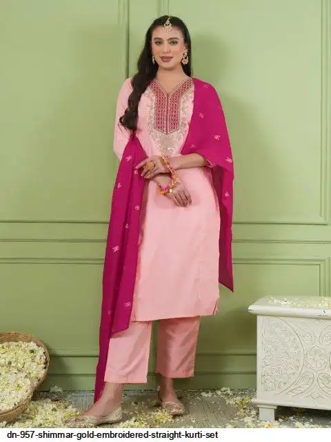 DN 957 SHIMMAR GOLD EMBROIDERED STRAIGHT KURTI SET B