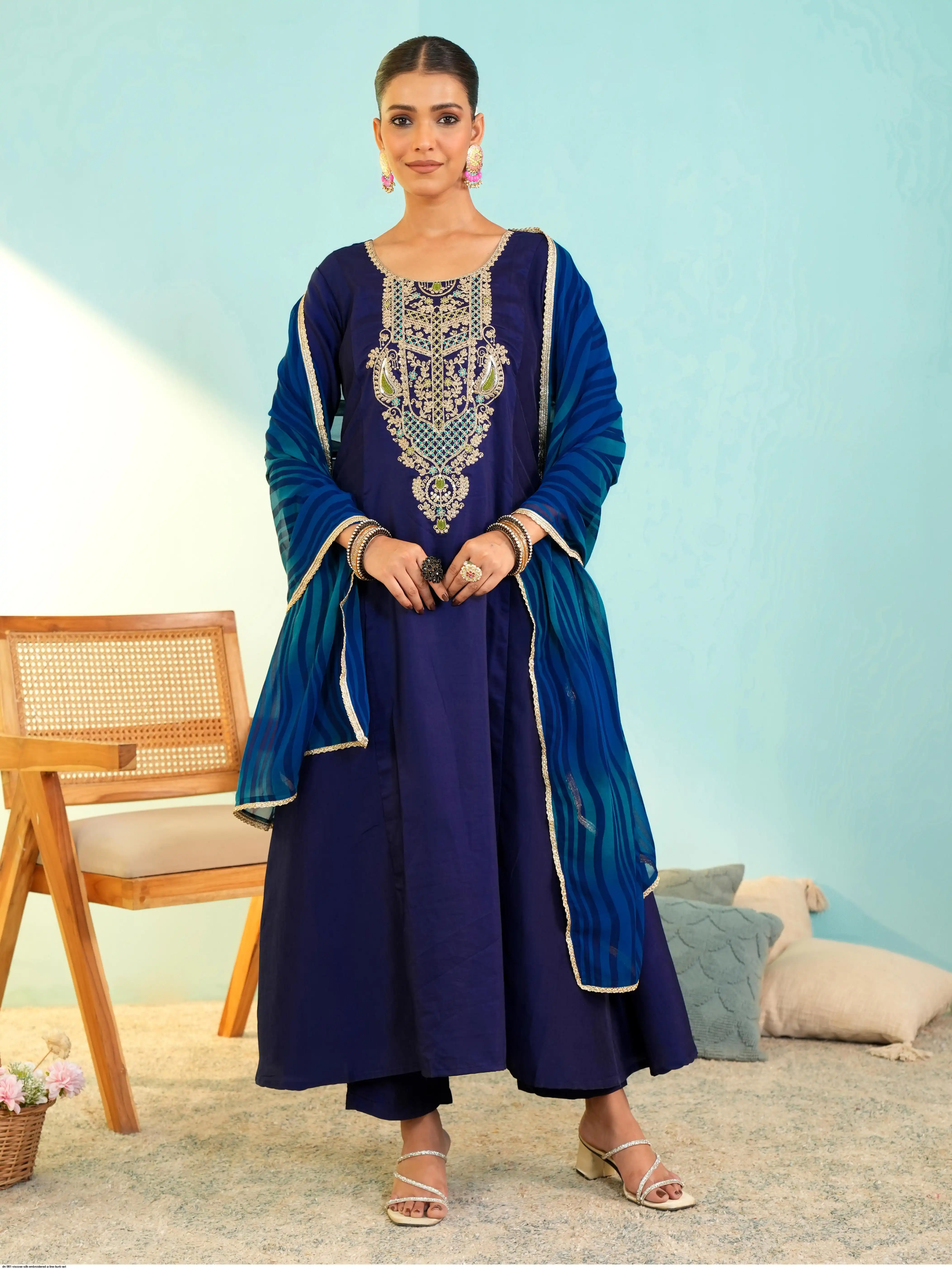 DN 981 VISCOSE SILK EMBROIDERED A LINE KURTI SET A