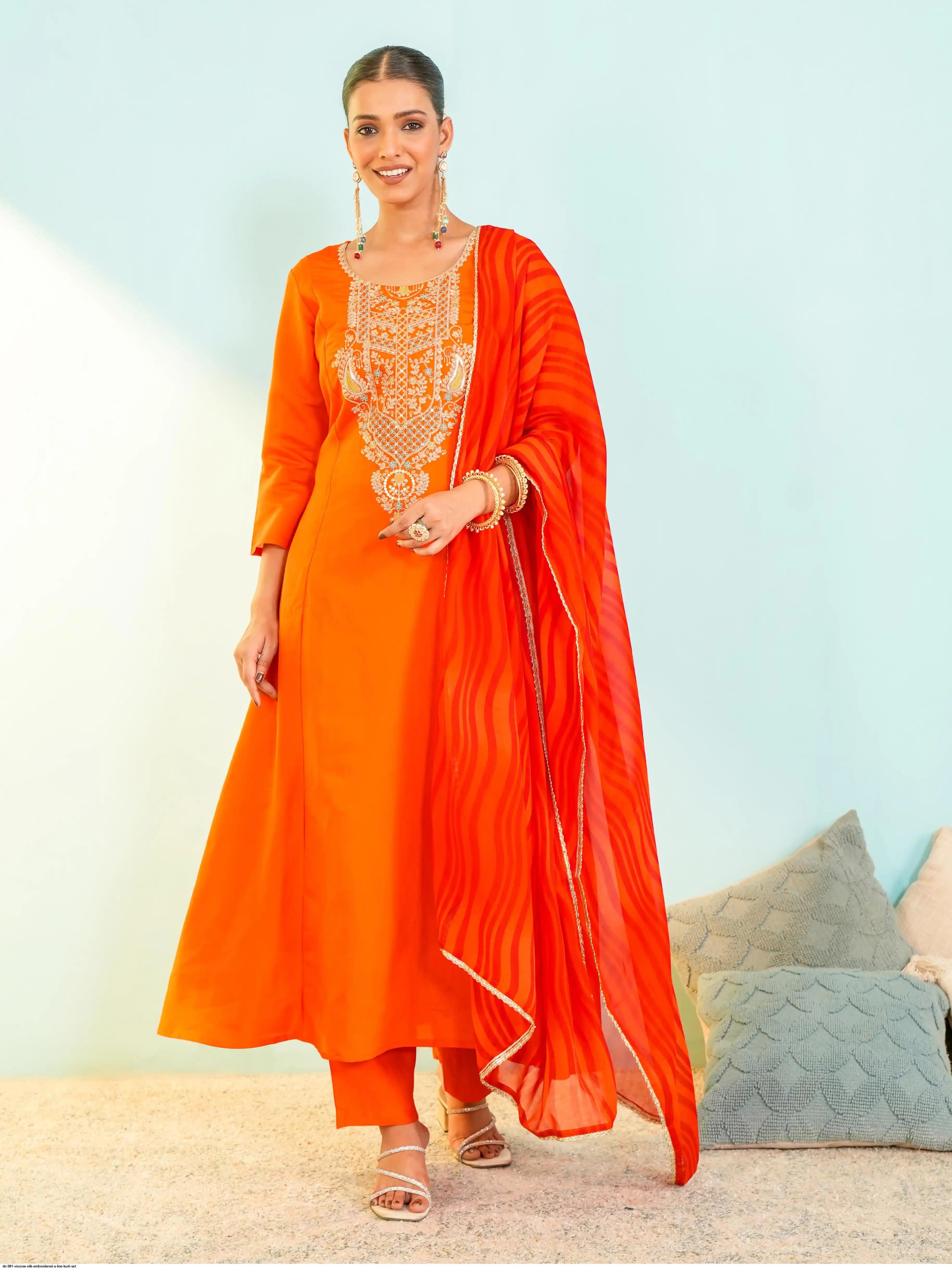 DN 981 VISCOSE SILK EMBROIDERED A LINE KURTI SET B