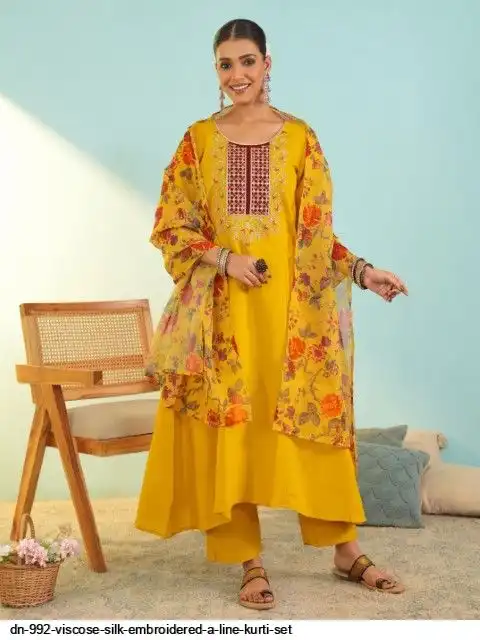 DN 992 VISCOSE SILK EMBROIDERED A LINE KURTI SET A
