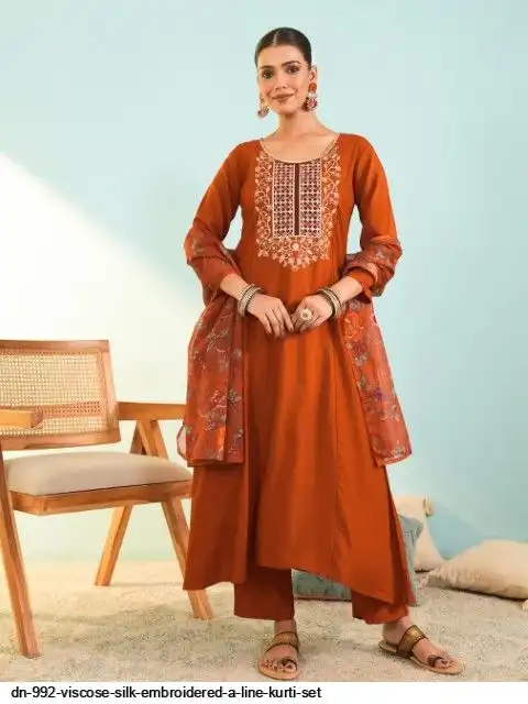 DN 992 VISCOSE SILK EMBROIDERED A LINE KURTI SET B
