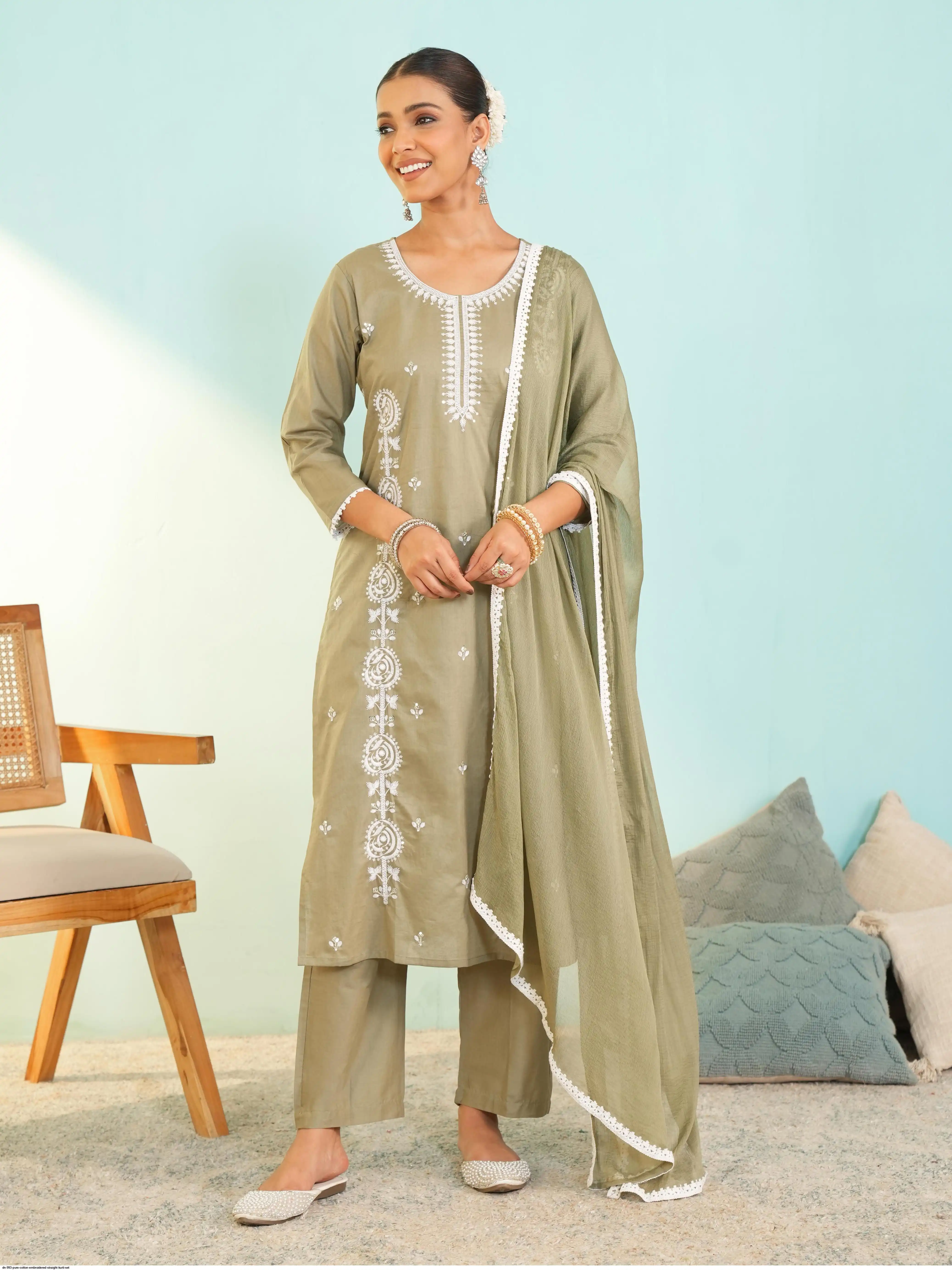 DN 993 PURE COTTON EMBROIDERED STRAIGHT KURTI SET A
