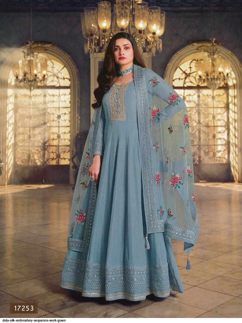 HEAVY SATIN SILK AND PURE CHINON SILK WITH BEAUTIFUL DIGITAL PRINT WITH EMBROIDERY SEQUENCE WORK GOWN