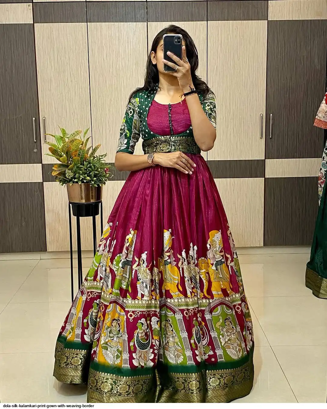 DOLA SILK KALAMKARI PRINT GOWN WITH WEAVING BORDER C